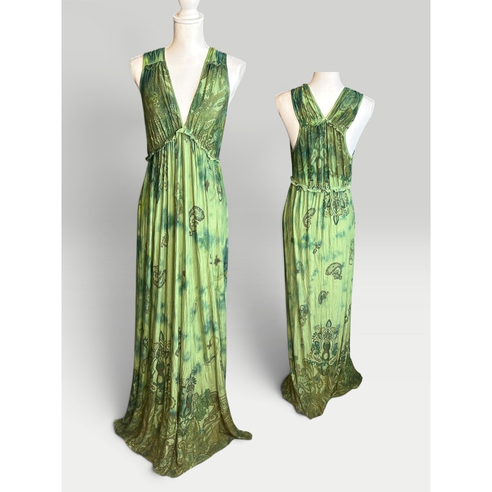 Energie Green Paisley Maxi Dress Deep V Empire Waist Boho Y2K Fairy